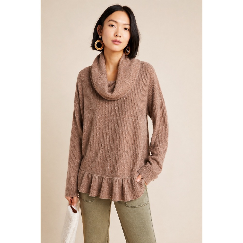 Maeve Anthropologie Cowl Neck Addie Ruffled Hacci Hem Sweater Mauve Brown Small
